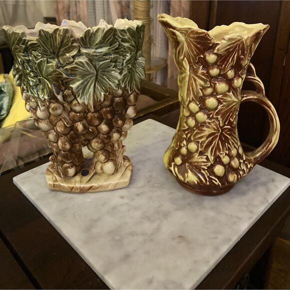 70s McCoy Vase/Pitcher, Grape Pattern Triple Handle Brown Green Retro SET - Picture 1 of 11